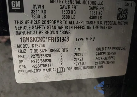 2015 Chevrolet Tahoe Ltz from USA, damaged, VIN 1GNSKCKC1FR161948